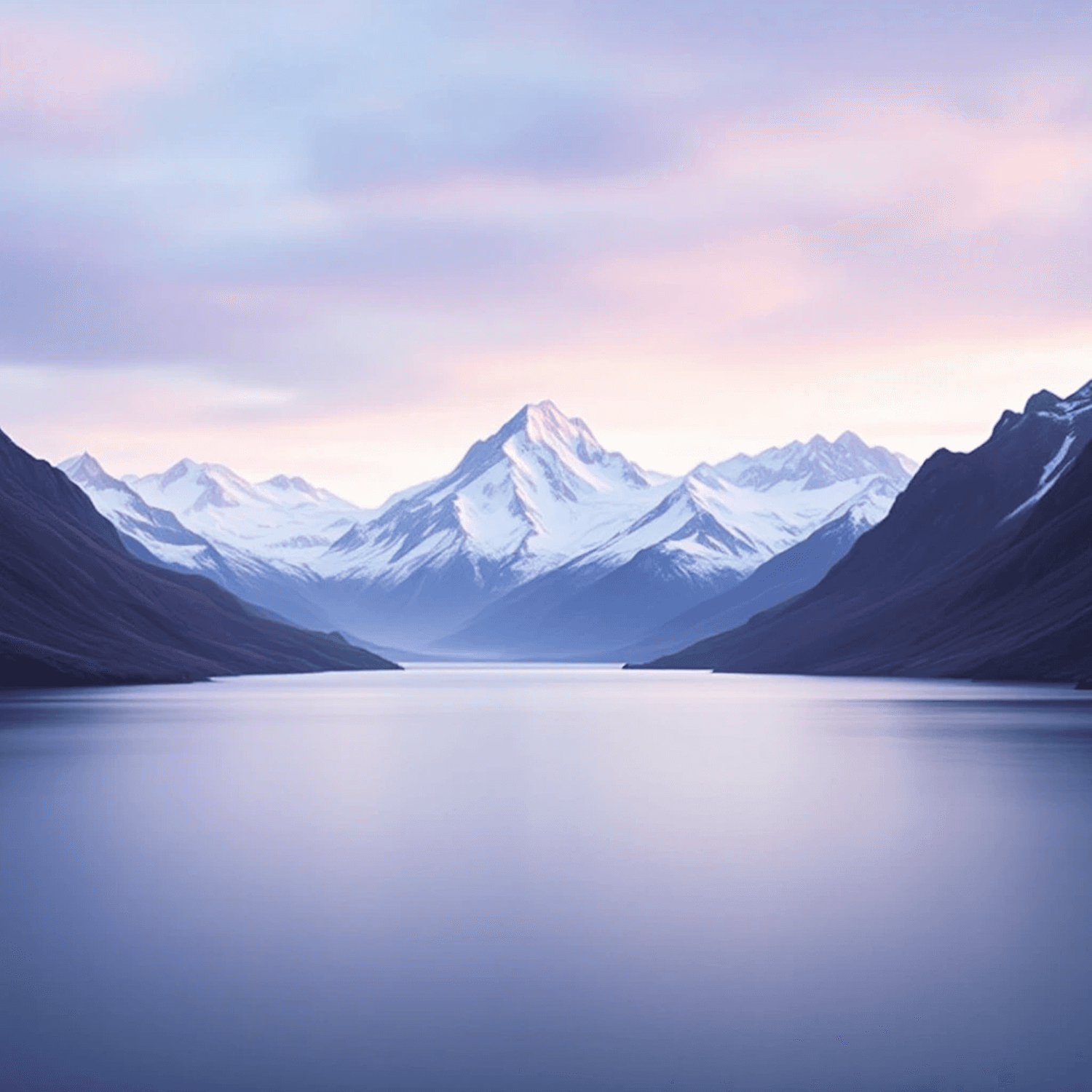 A still lake stretching towards snow-capped mountains under a pink and lilac sky