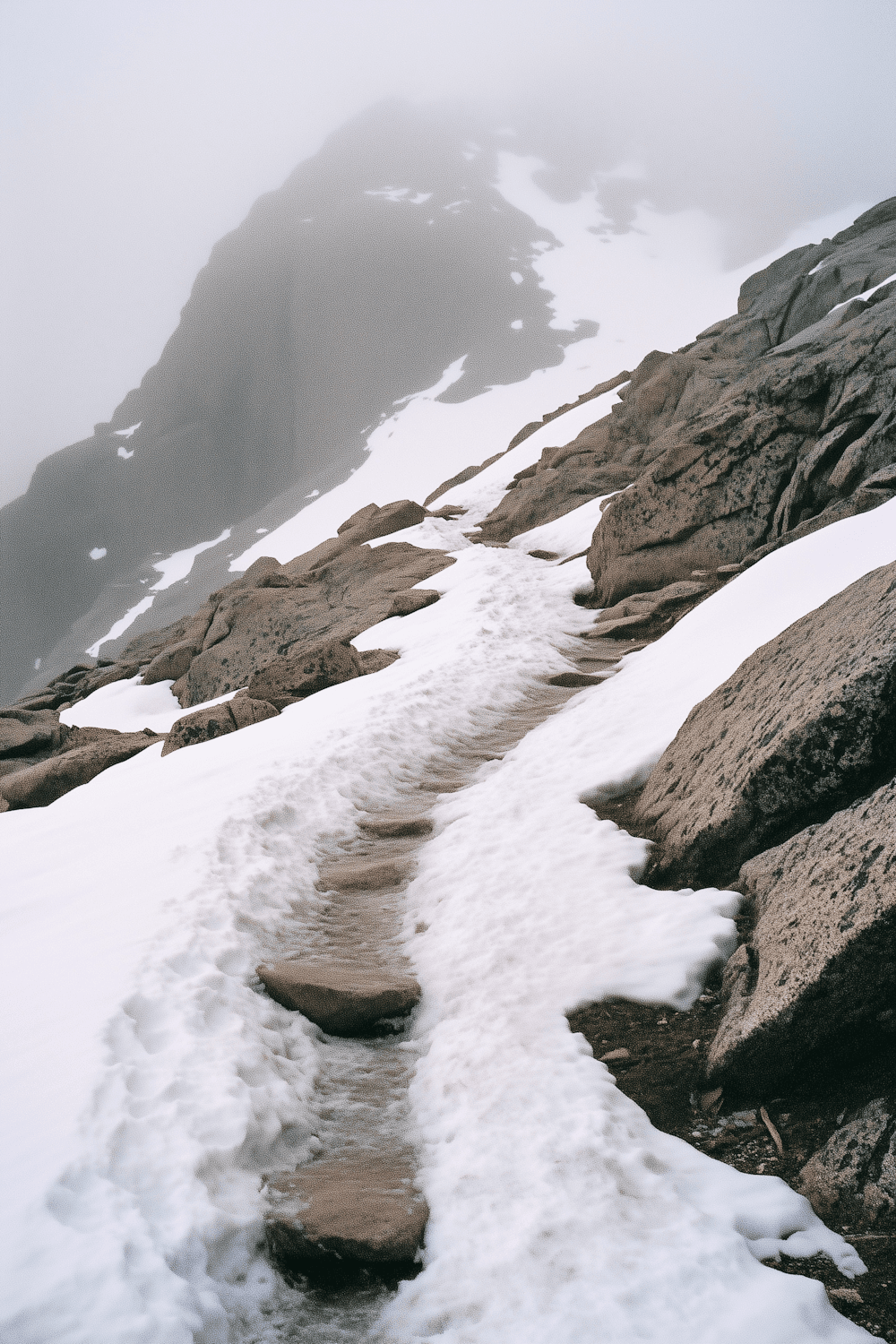 A rocky path climbing through patches of snow towards a summit hidden in cloud